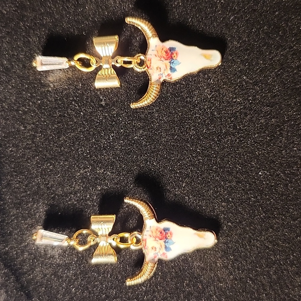Gold, White, Pink & Green Long Horn Skull Earrings